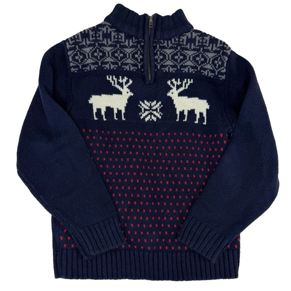 Gymboree Boys Holiday 1/4 Zip Sweater Sz Med 7-8 Navy Reindeer Fair Isle Knit
